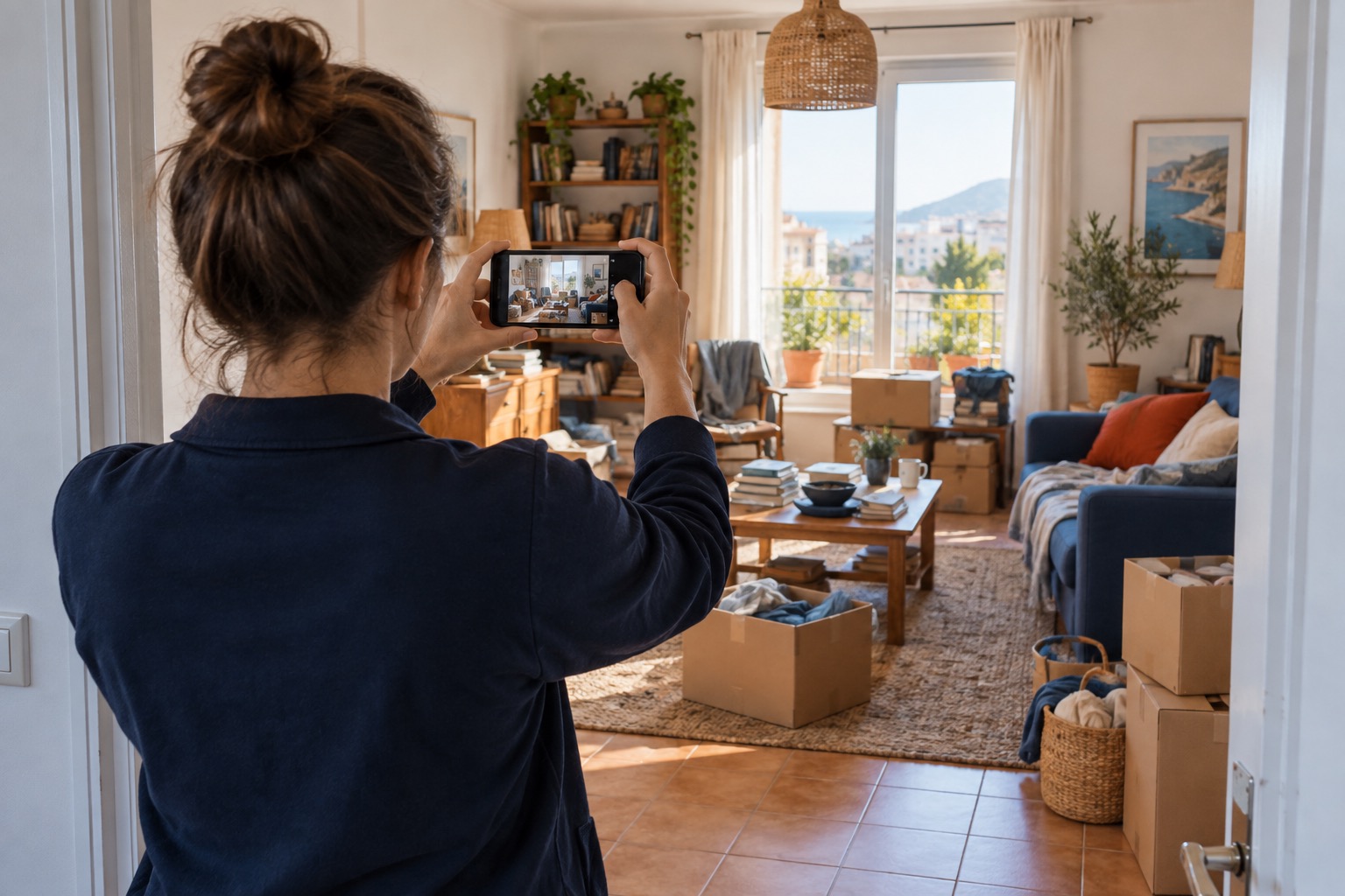 Vue d’ensemble du logement Personne photographiant un salon depuis une entrée dégagée.