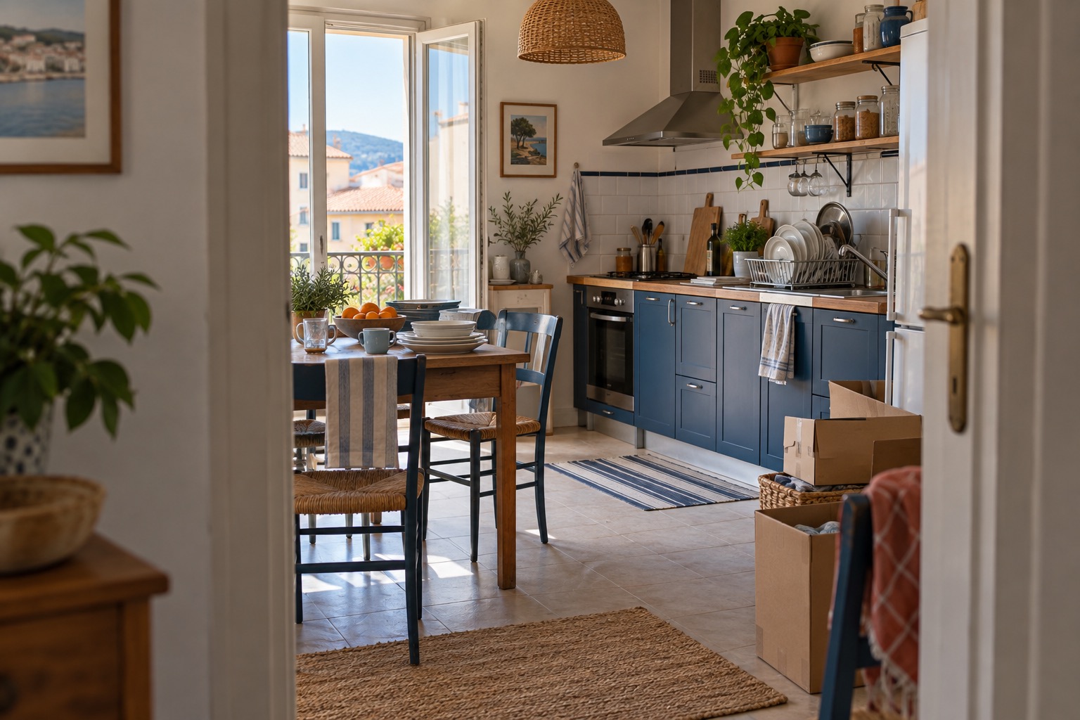 Photographier la cuisine Vue générale d’une cuisine avec quelques cartons, depuis la porte.
