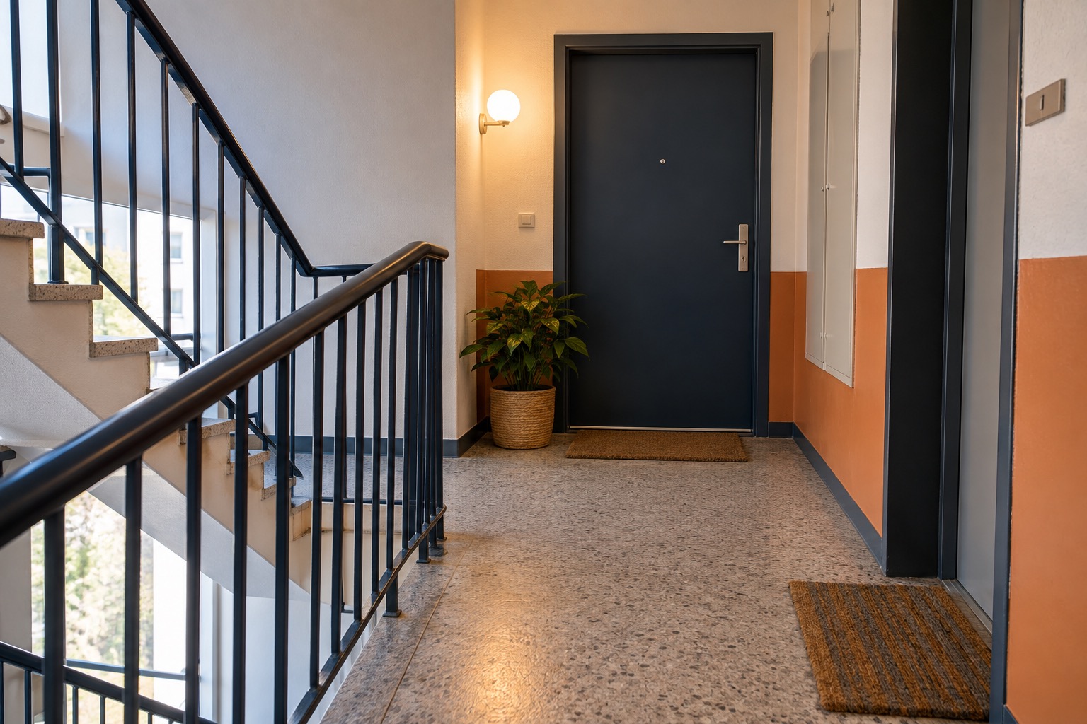 Montrer les accès Palier et escalier d’un immeuble avec passage dégagé.