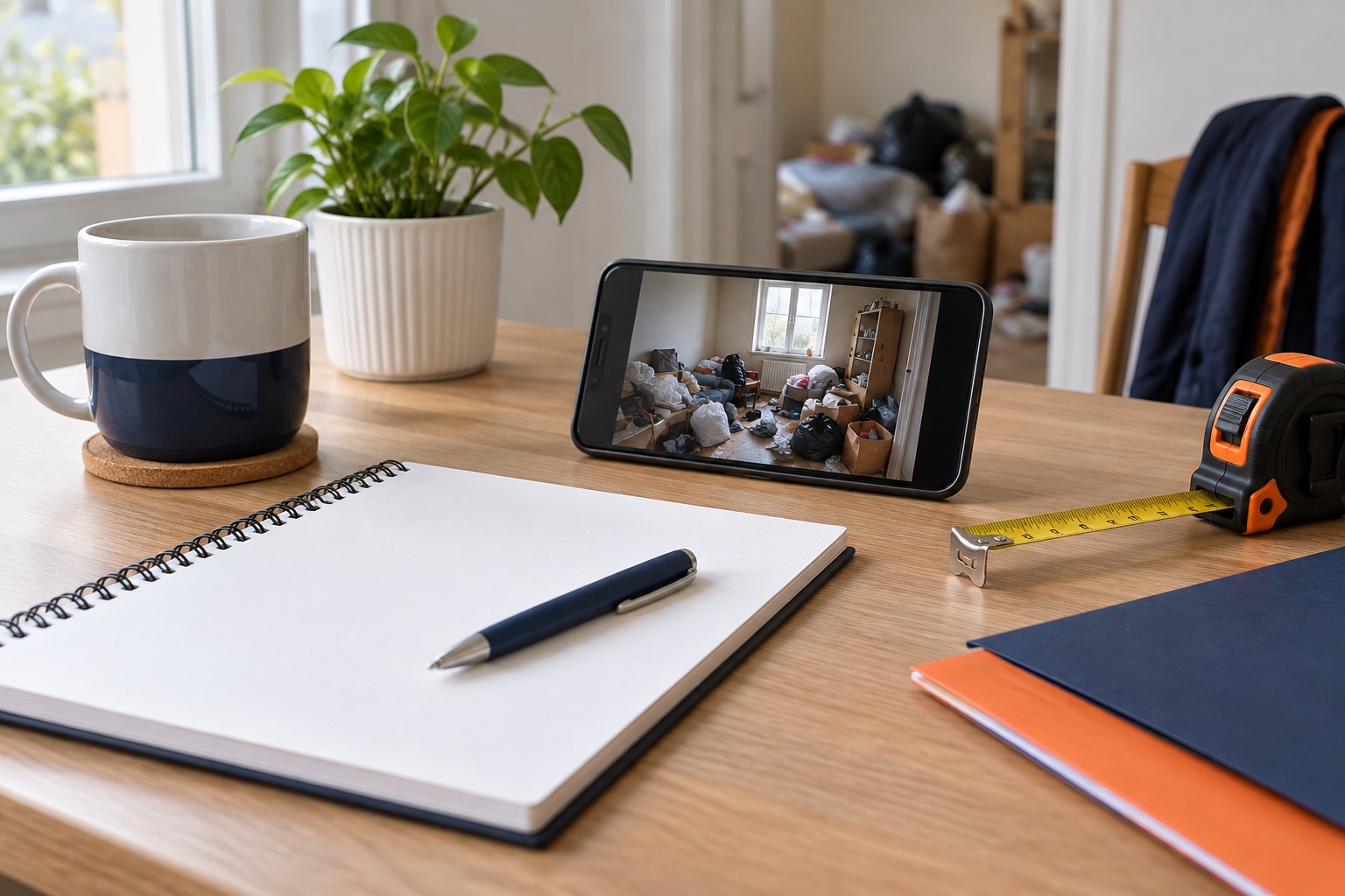 Rassembler les informations utiles Carnet, téléphone et mètre sur une table.