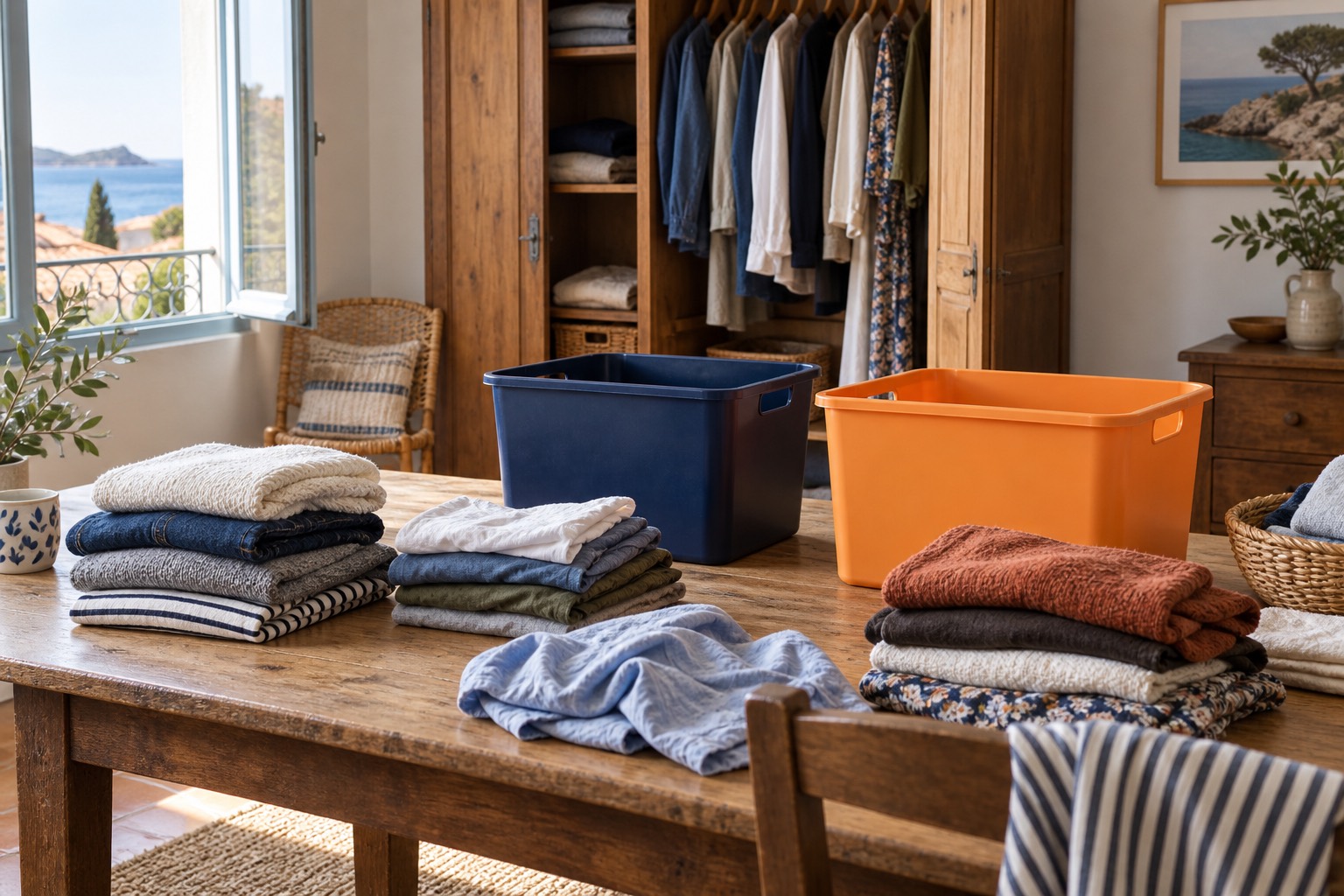Préparer le tri des textiles Vêtements sur une table avec deux bacs de tri devant une armoire