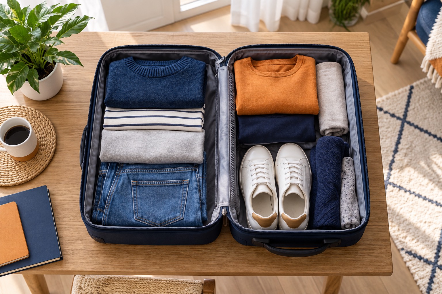 Garder les vêtements nécessaires Valise ouverte contenant une sélection de vêtements et de chaussures