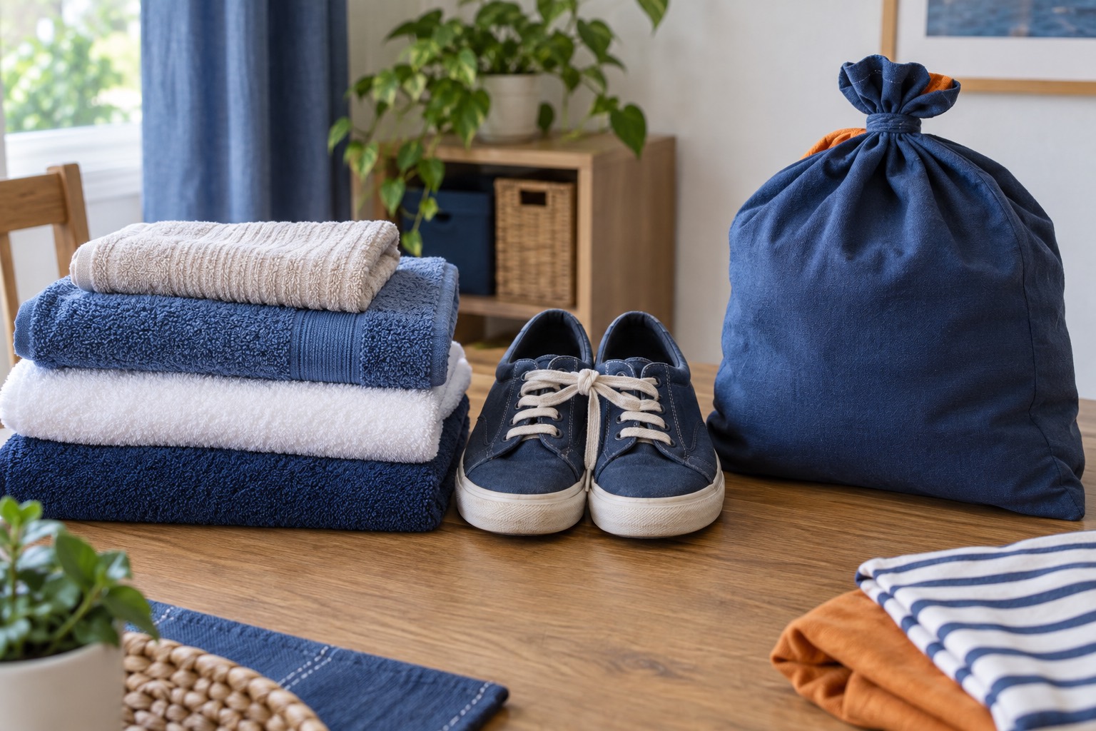 Préparer les textiles acceptés en collecte Serviettes pliées, chaussures regroupées et sac textile fermé