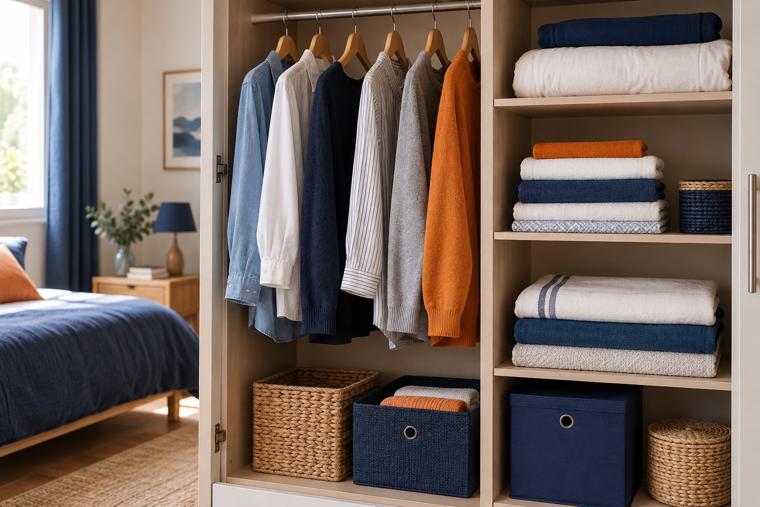 Ranger les textiles conservés Vêtements sur cintres et linge plié dans un placard organisé