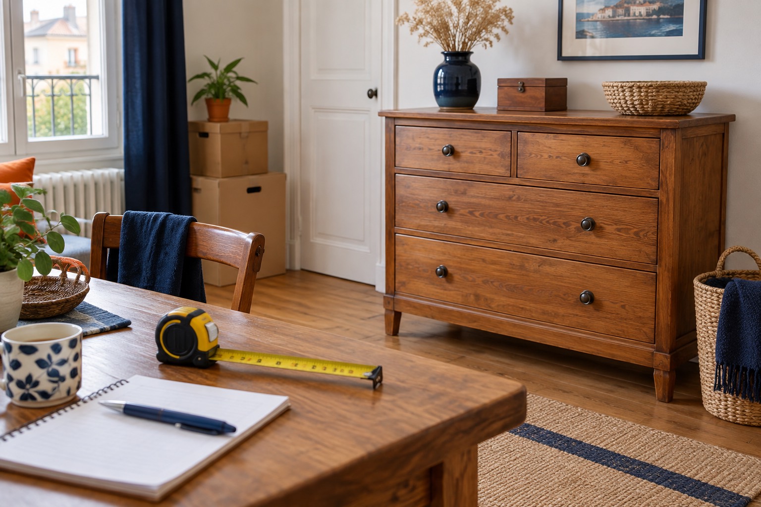 Commode et ruban de mesure sur une table