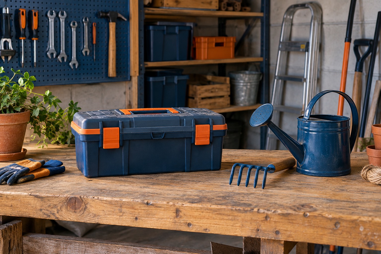 Établi et outils de jardin dans un garage Établi et outils de jardin dans un garage