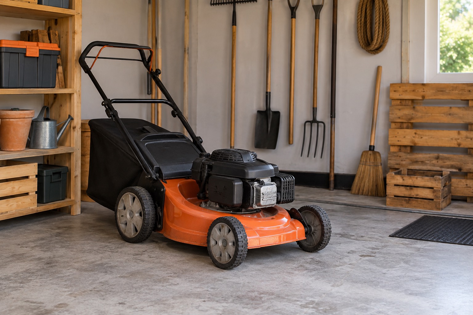 Tondeuse arrêtée dans un garage accessible Tondeuse arrêtée dans un garage accessible