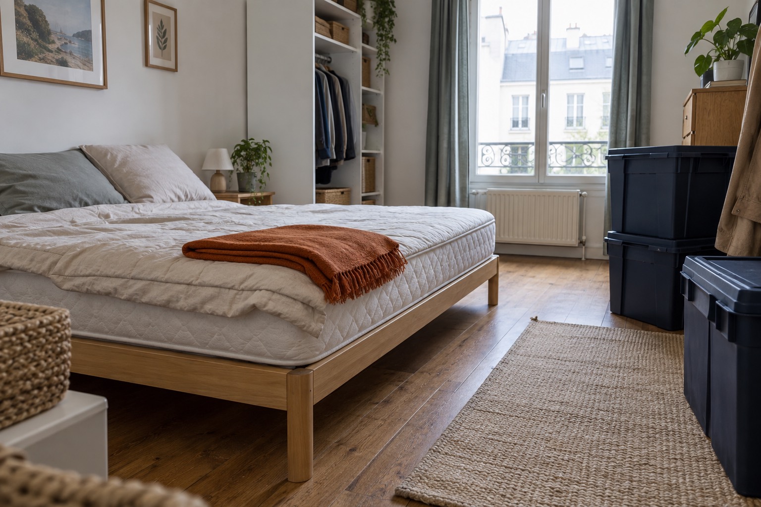 Matelas sur un cadre bas avec passage dégagé dans une chambre Matelas sur un cadre bas avec passage dégagé dans une chambre