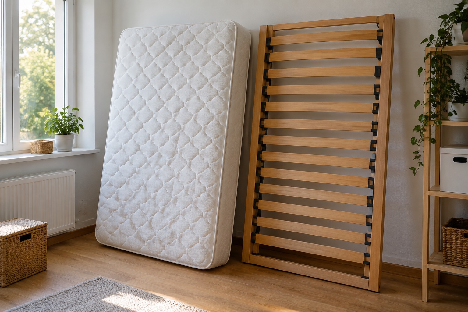 Matelas et sommier à lattes dans une pièce Matelas et sommier à lattes dans une pièce