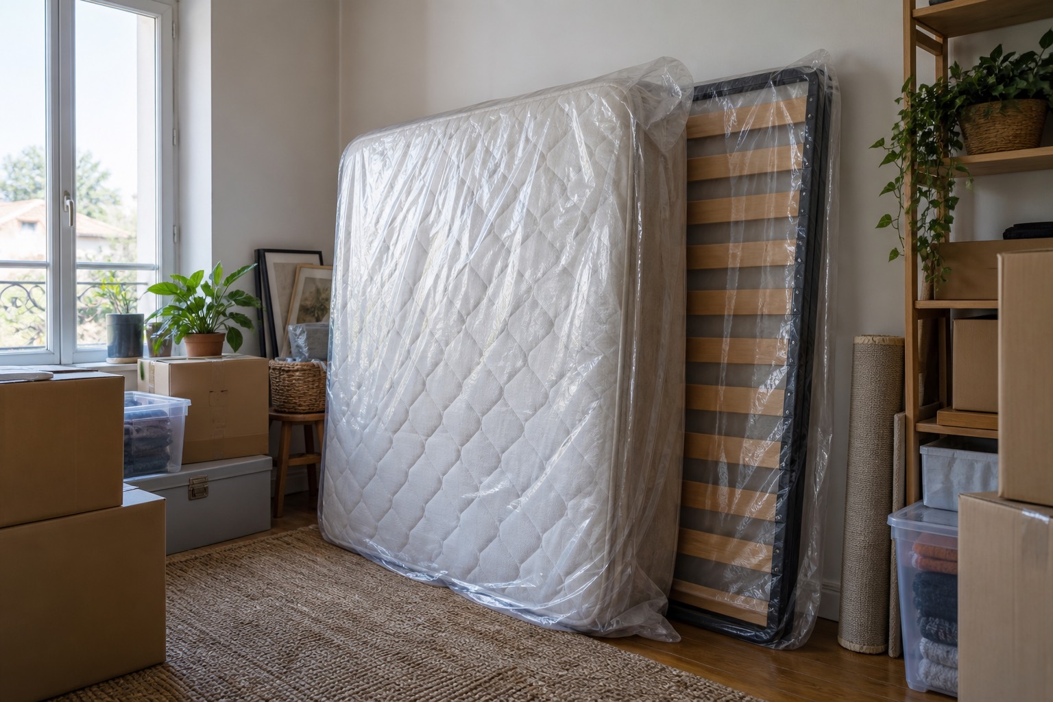 Matelas dans une housse de protection transparente Matelas dans une housse de protection transparente