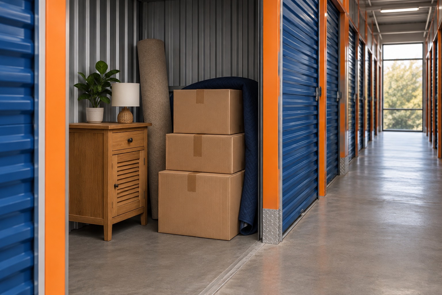 Meuble et cartons dans un espace de stockage Meuble et cartons dans un espace de stockage