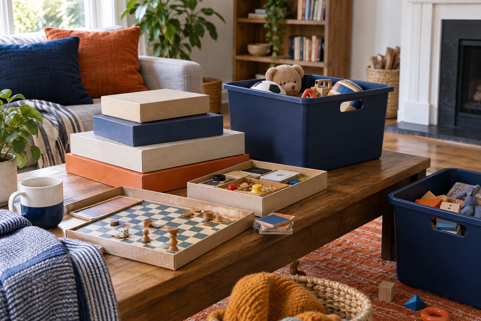 Boîtes de jeux sur une table près de bacs de tri Boîtes de jeux sur une table près de bacs de tri