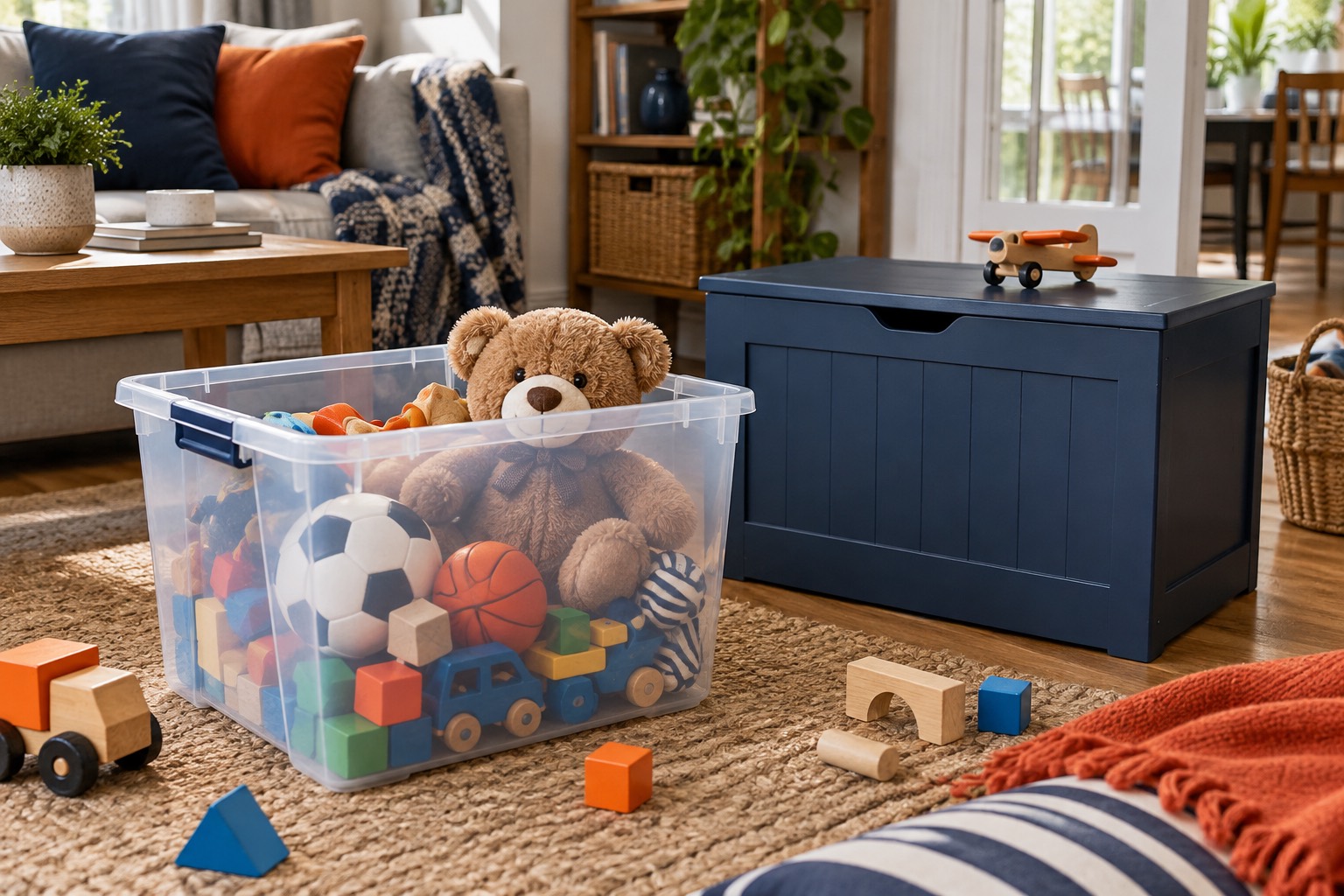 Peluche dans une boîte à côté d’un coffre à jouets Peluche dans une boîte à côté d’un coffre à jouets