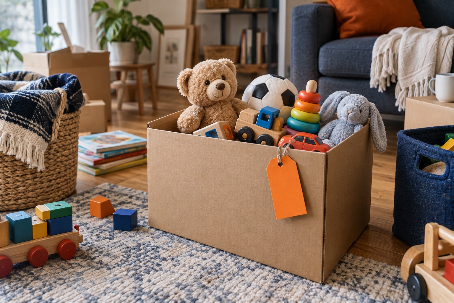 Petits jouets rangés dans un carton avec repère orange Petits jouets rangés dans un carton avec repère orange