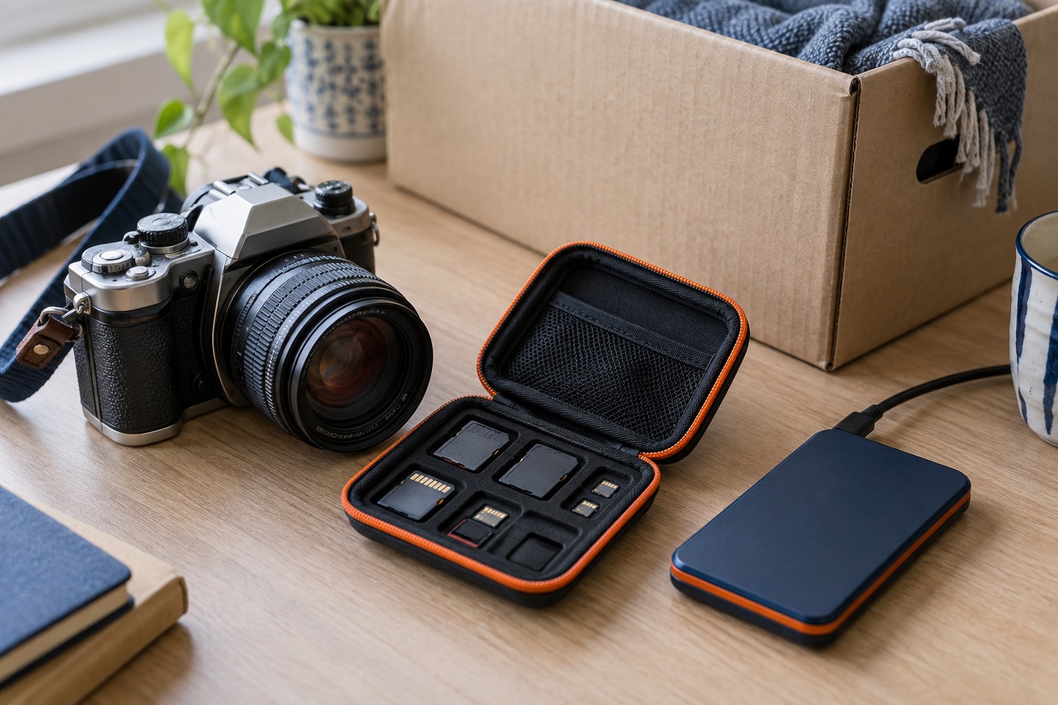 Appareil photo et supports de stockage sur une table Appareil photo et supports de stockage sur une table