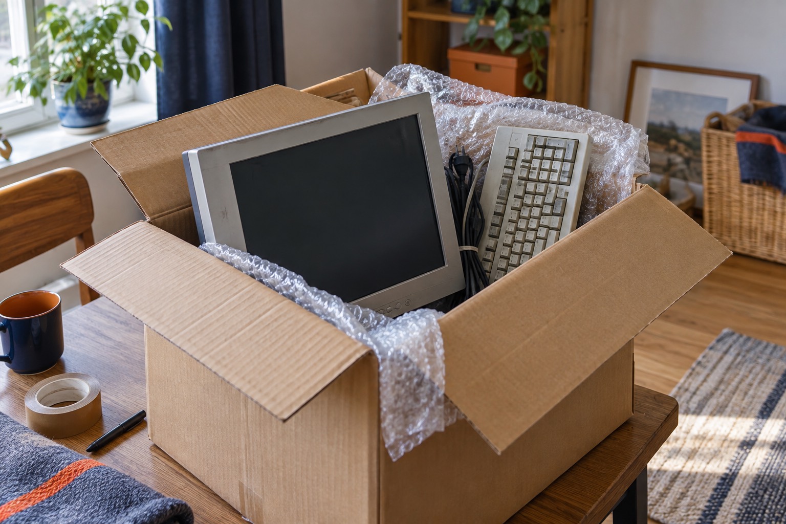 Ordinateur et clavier préparés dans un carton de collecte Ordinateur et clavier préparés dans un carton de collecte