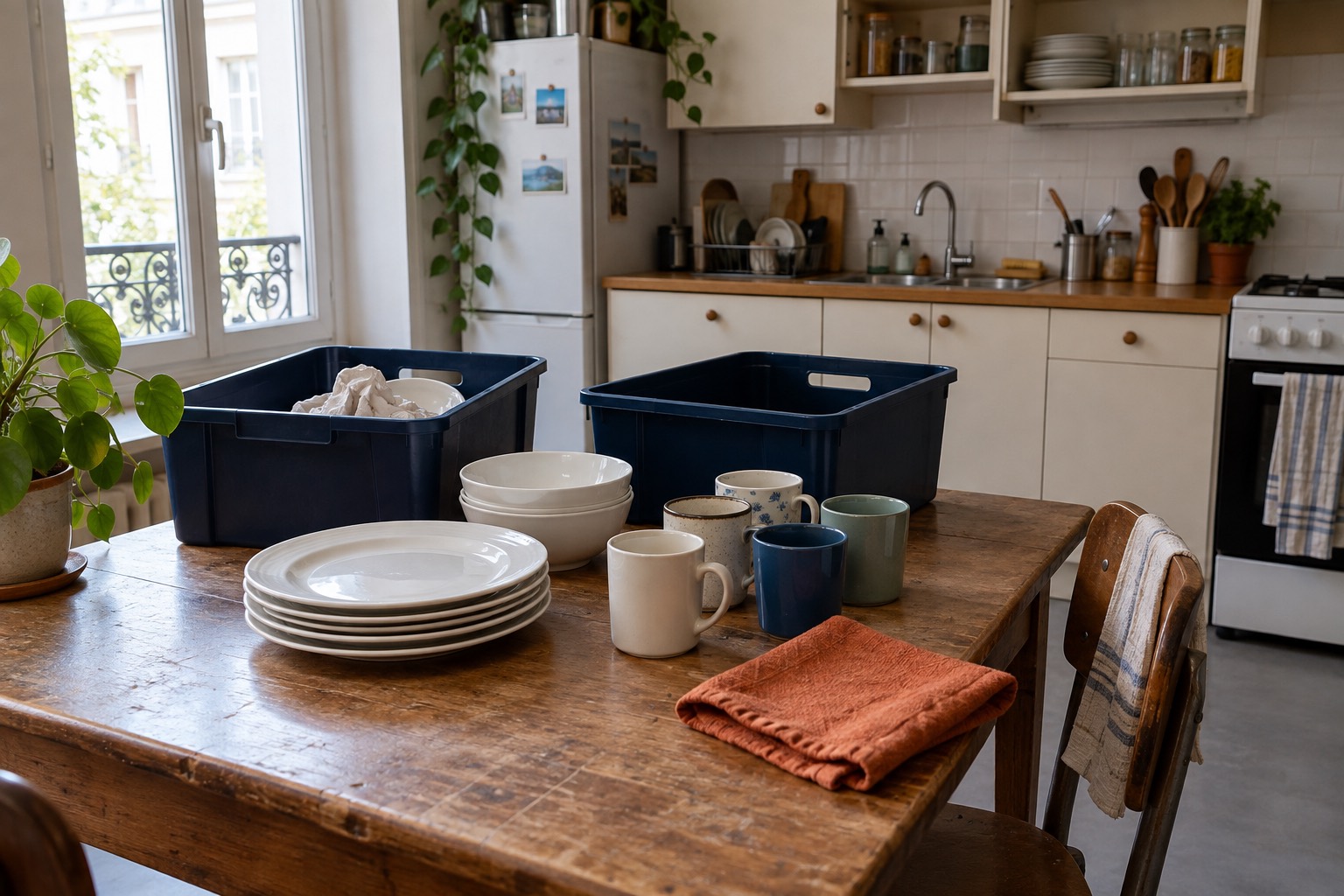 Assiettes et tasses devant deux bacs dans une cuisine Assiettes et tasses devant deux bacs dans une cuisine