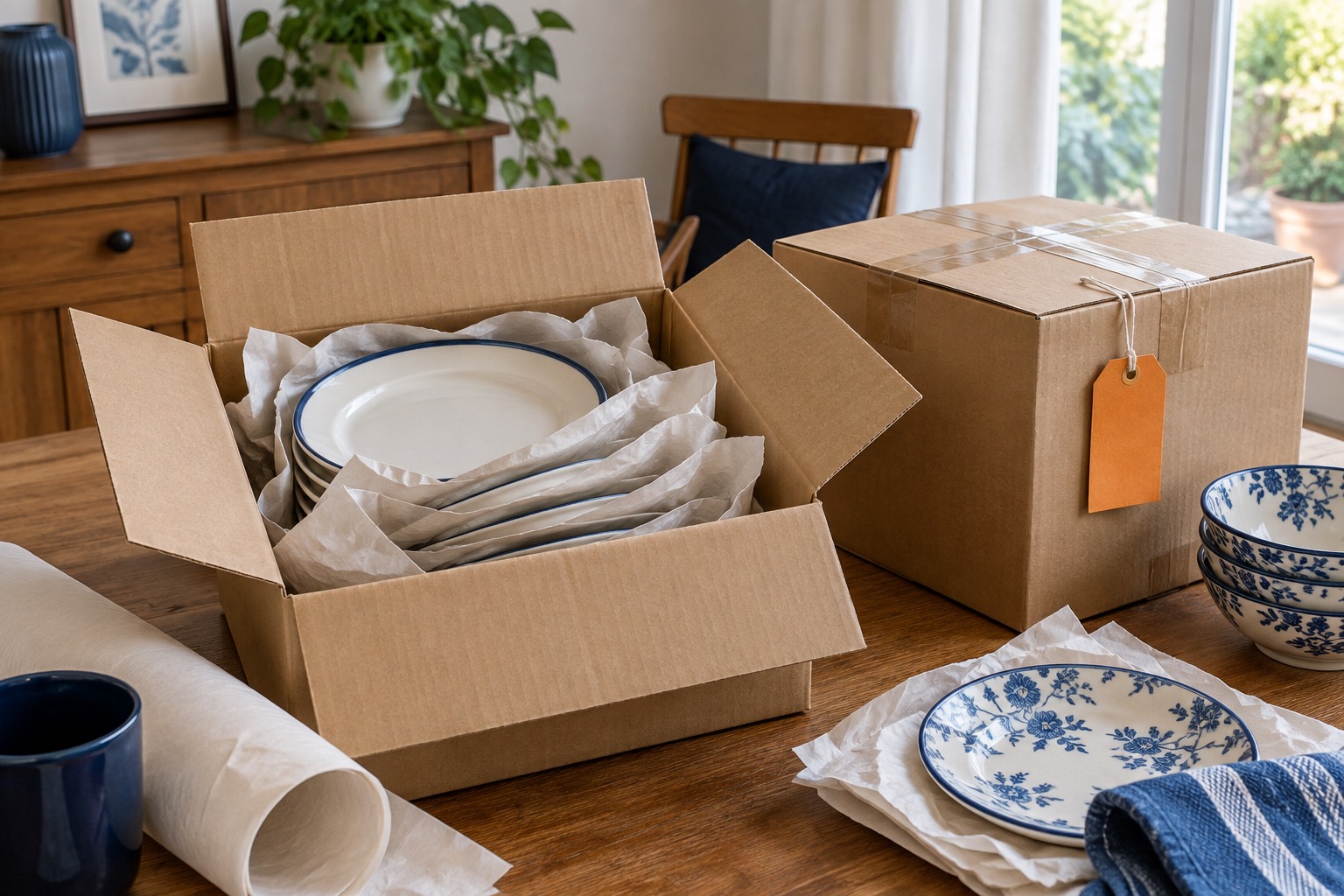 Assiettes protégées dans un petit carton de transport Assiettes protégées dans un petit carton de transport