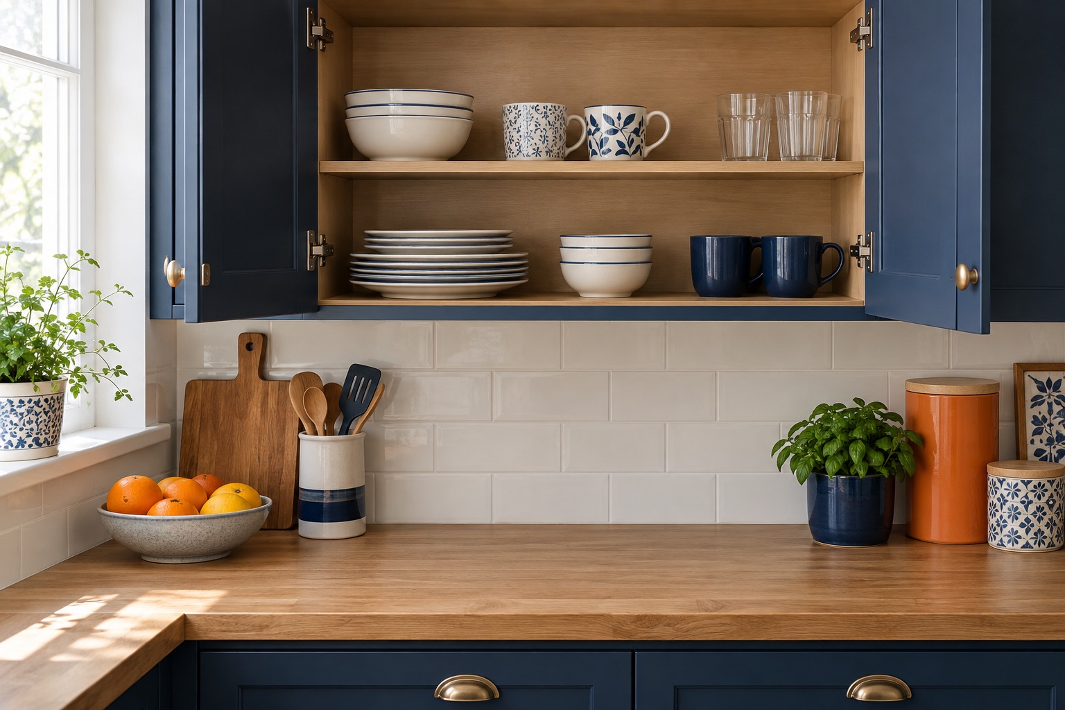 Placard organisé avec une sélection de tasses et assiettes Placard organisé avec une sélection de tasses et assiettes